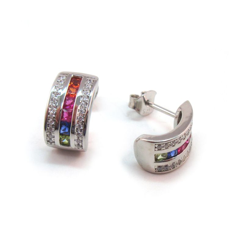 Sterling Silver Rainbow Half-hoop Post-style Earrings - Click Image to Close